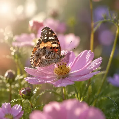 Butterfly on Cosmos Flower at Dawn