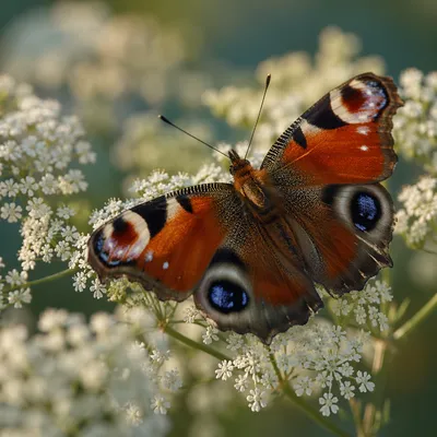 Colorful Butterfly on White Garden Blossoms