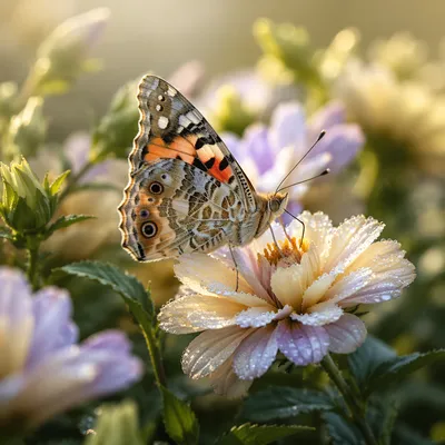 Dewy Butterfly on Morning Garden Flower