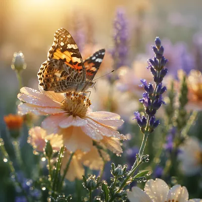 Butterfly on Dewy Garden Flower at Sunrise