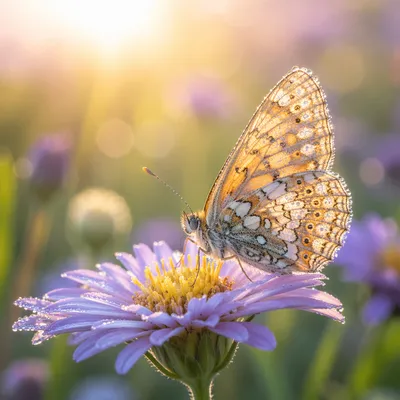 Dewy Butterfly on Sunrise Garden Flower
