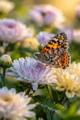 Dewy Butterfly on Morning Garden Flower