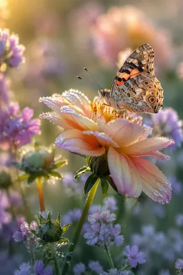 Butterfly on Dewy Garden Flower