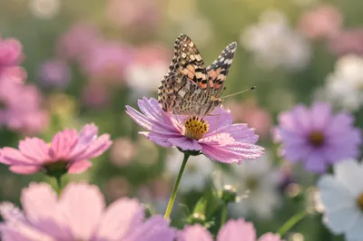 Butterfly on Dewy Cosmos at Sunrise