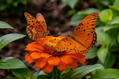Orange Butterflies on Zinnia Garden Macro
