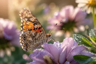 Dewy Butterfly on Morning Garden Flower