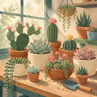 Sunlit Potted Cactus Succulent Collection