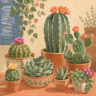 Sunlit Potted Cactus Succulent Garden Arrangement