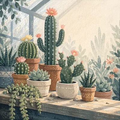 Sunlit Cactus and Succulent Bloom Display