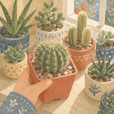 Sunlit Cactus and Succulent Windowsill Display