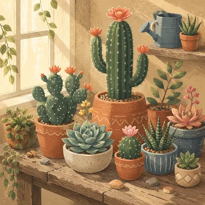 Flowering Cactus and Succulent Garden Still Life