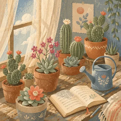 Blooming Cactus and Succulents on Windowsill