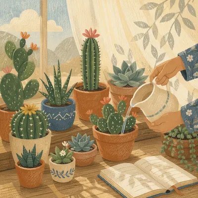 Sunlit Potted Cactus and Succulent Collection