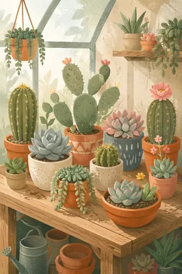 Sunlit Potted Cactus and Succulent Collection