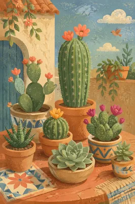 Sunlit Potted Cactus and Succulent Garden