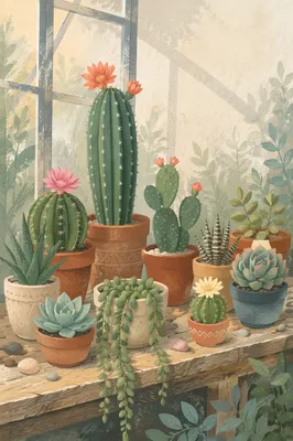 Sunlit Cactus and Succulent Bloom Display