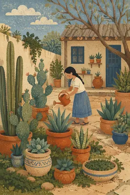 Potted Cacti and Succulents in Courtyard Garden