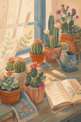 Potted Cactus and Succulents on Windowsill