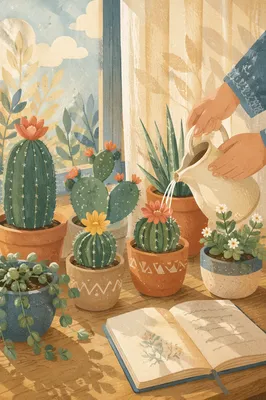 Sunlit Potted Cactus and Succulent Collection