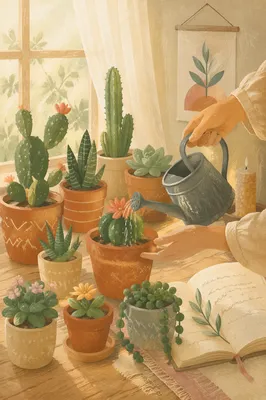 Potted Succulents on Sunlit Wooden Windowsill