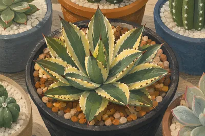 Potted Variegated Agave Succulent Close-Up