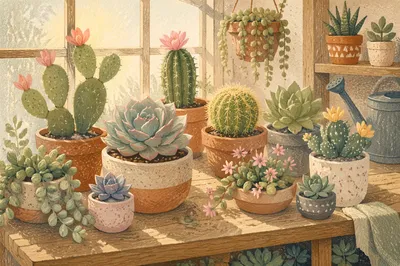 Sunlit Potted Cactus and Succulent Collection