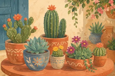 Sunlit Potted Cactus and Succulent Collection