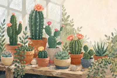 Sunlit Cactus and Succulent Bloom Display