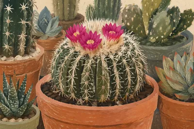 Blooming Barrel Cactus in Greenhouse Pot