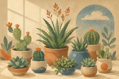 Potted Cactus and Succulent Botanical Still Life