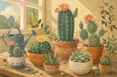 Flowering Cactus and Succulent Pots by Window
