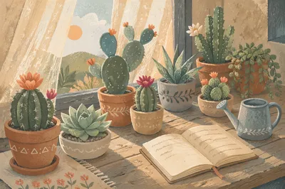 Potted Cactus and Succulent Windowsill Garden