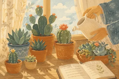 Sunlit Potted Cactus and Succulent Collection