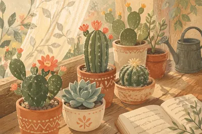 Sunlit Potted Cactus Succulent Garden