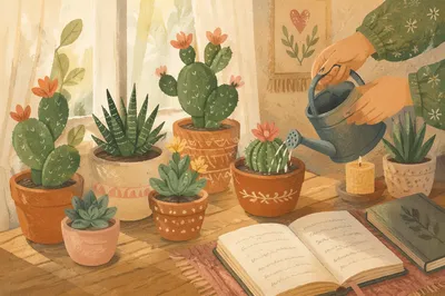 Potted Cactus and Succulents by Window