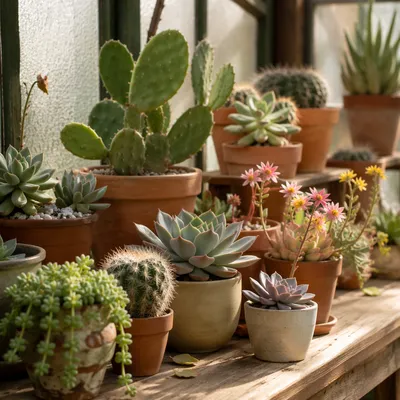 Sunlit Potted Cactus and Succulent Collection