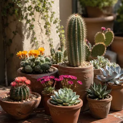 Sunlit Potted Cactus and Succulent Arrangement