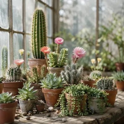Sunlit Cactus and Succulent Bloom Display