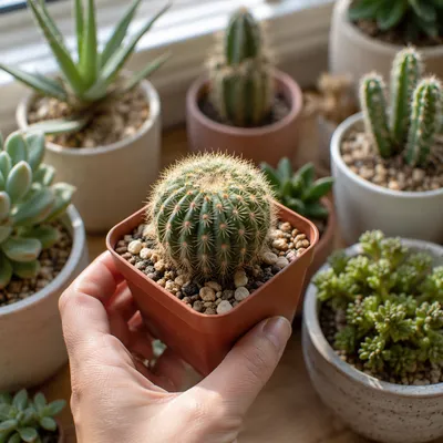 Sunlit Cactus and Succulent Windowsill Closeup