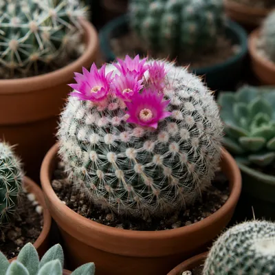 Blooming Barrel Cactus in Greenhouse Pot