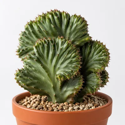 Crested Potted Cactus on White Background