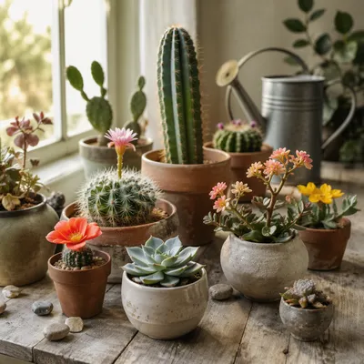 Flowering Potted Cactus and Succulent Garden
