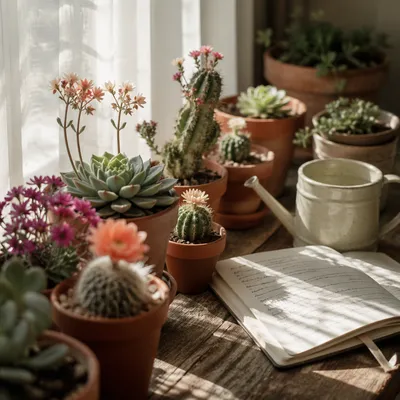 Blooming Cactus and Succulent Windowsill Collection