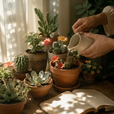 Sunlit Potted Cactus and Succulent Collection