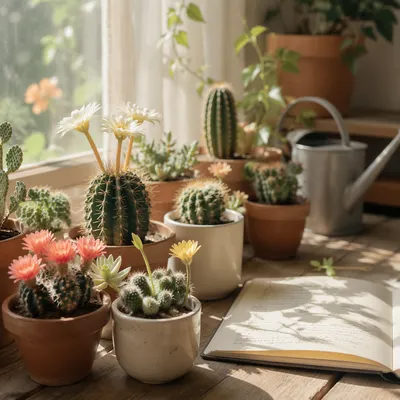 Sunlit Potted Cactus and Succulent Flowers