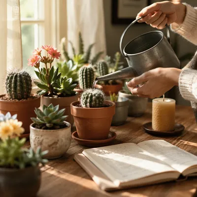 Sunlit Potted Cactus and Succulent Collection