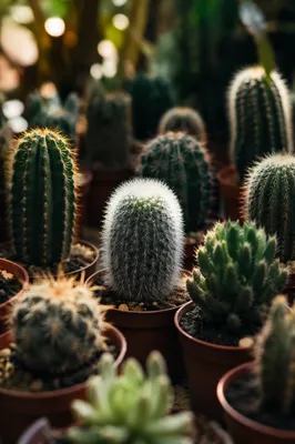 Potted Cacti and Succulents in Greenhouse Light