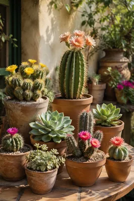 Sunlit Potted Cactus and Succulent Arrangement