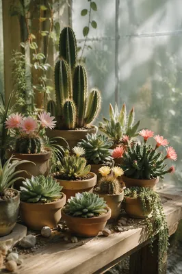 Sunlit Cactus and Succulent Bloom Display