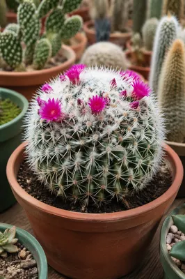 Blooming Barrel Cactus in Greenhouse Pot